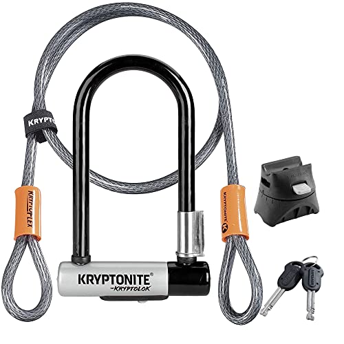 Kryptonite Kryptolok Mini-7 Bike U-Lock with Cable, Heavy Duty Anti-Theft Bicycle U Lock, 12.7mm Shackle and 10mm x4ft Length Security Cable with Mounting Bracket and Keys,Black / Steel