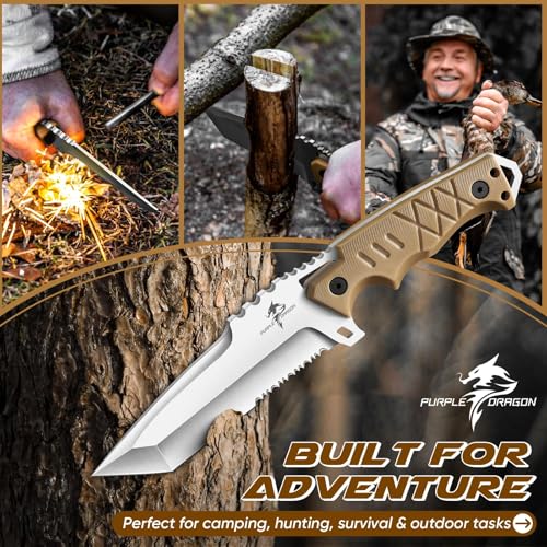 Purple Dragon Fixed Blade Knife - Tanto Knife with D2 Steel Blade and G10 Handle - Camping Knives with Sheath for Bushcraf...
