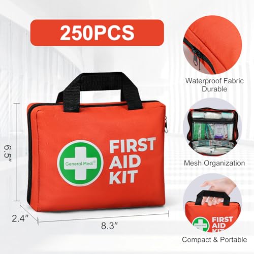 General Medi First Aid Kit, 250 Piece Small First Aid Kit - Includes Emergency Foil Blanket, Instant Cold Pack,Scissors fo...