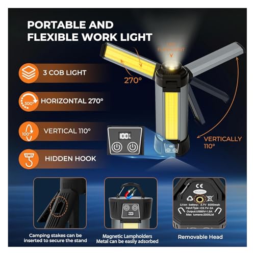 Rechargeable Camping Lights with Tripod,Telescopic & Collapsible Mobile LED Camping Lantern,Built-in Battery Work Light & ...