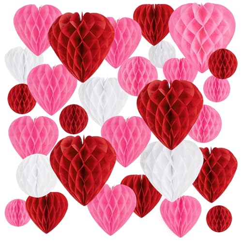 40Pcs Valentines Day Party Heart Decorations - Red Pink White Paper Honeycomb Hearts Balls Hanging, Valentine's Decor for ...