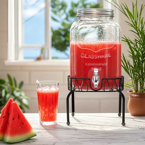 Glass Beverage Dispenser with Stand and Lid, One Pack-2 Gallon with Spigot - Glass Drink Dispensers for Parties, Wedding, ...