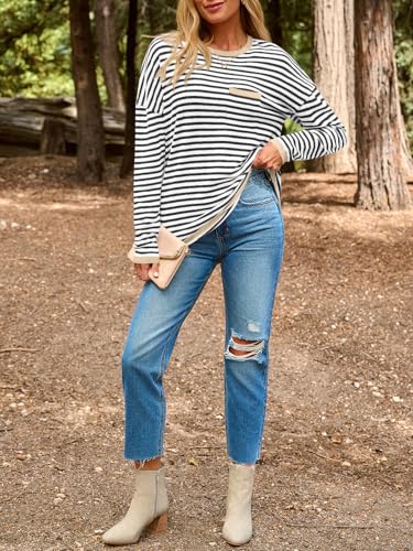 LILLUSORY Womens Striped Soft Knit Pullover Sweater Loose Fit Shirts with Chest Pocket