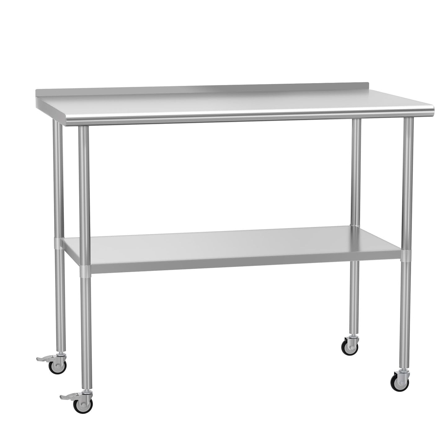 HOCCOT Stainless Steel Prep Table 24" X 48" with Adjustable Undershelf, Backsplash and Wheels, Commercial Metal Workstations for Kitchen, Garage, Outdoor BBQ