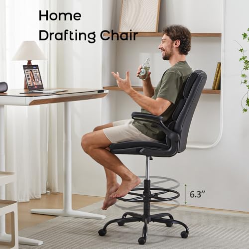 Drafting Chair Tall Office Chair with Padded Flip-up Armrests Executive Ergonomic Computer Standing Desk Chair with Comfor...