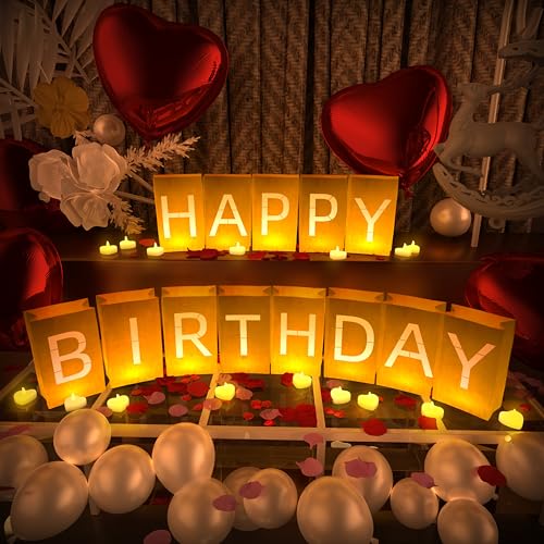 Peledic Happy Birthday Decorations, Include Light up Letters, with Tea Lights Candles, Latex Balloons, Aluminum Balloons a...