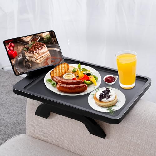 SINWANT Couch Armrest Table, Large Bamboo Couch Arm Table 360° Phone Holder,Foldable Sofa Arm Tray for Eating Drinking Sna...