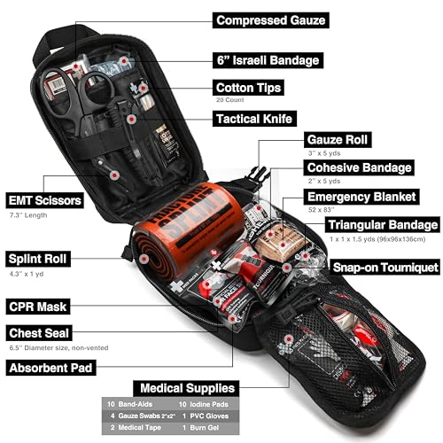 Survival First Aid Kit with Israeli Bandage, Splint, Chest Seal, Tactical Military Combat Molle IFAK for Wound Care, Bleed...