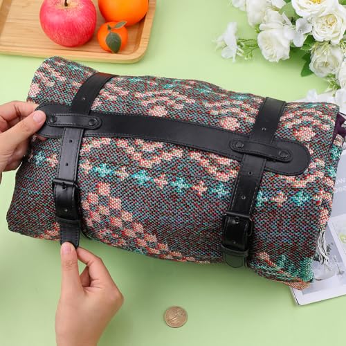CALFOVERA Outdoor Black PU Leather Picnic Blanket Carry Strap Portable Leather Handle Belt Rug Carrier Motorcycle Bedroll ...