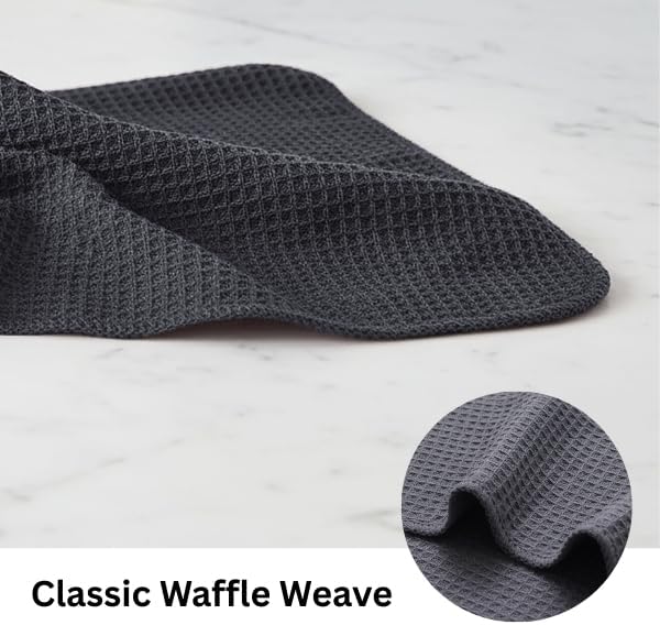 PurpleEssences Dish Cloths and Dish Rags - 8 Pack Waffle Weave Solid Kitchen Dish Wash Cloths, 100% Cotton, 12 x 12 Inches, Ultra Soft Absorbent Quick Drying - Christmas Holiday Winter - Dark Grey