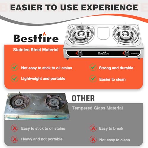23,000 BTU Portable Dual-Burner Propane Stove with Auto Ignition – Stainless Steel Camping Stove for Outdoor Cooking, Emer...