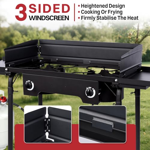 2 Burner Propane Camp Stove | 150,000 BTU Gas Burners | Side Shelves | Windscreen | Waterproof Cover | Detachable Legs | I...