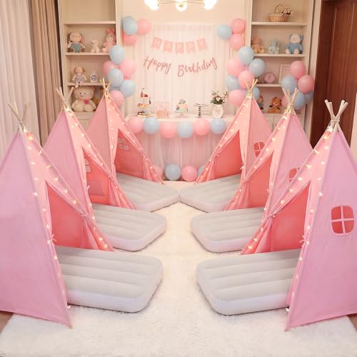 Wilwolfer Pink Sleepover Teepee Tent for Kids-2 Pack Tipi Playhouse for Kids with Lights& Flag& Inflatable Airbed -Indoor/...
