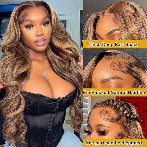 Durya Honey Blonde Ombre Lace Front Wig Human Hair Highlight Body Wave Lace Front Wigs Human Hair Pre Plucked Glueless 5x5 HD Lace Closure Wig for Women 4/27 Colored 250 Density 28 Inch