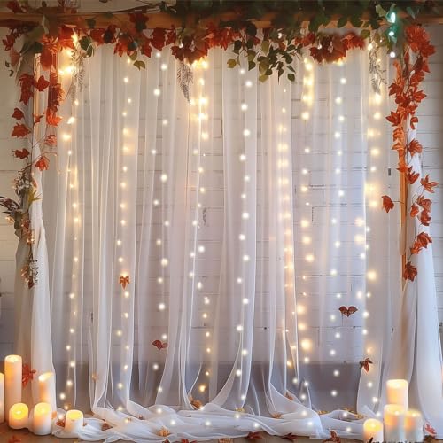 ESGOTBME 10x10ft White Tulle Backdrop Curtain with Lights String for Wedding Parties Sheer Curtain Backdrop for Birthday P...