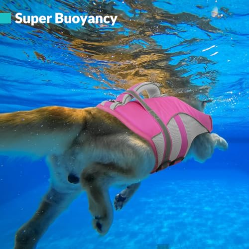 Queenmore Dog Life Vest for Swimming, Adjustable High Visibility Dogs Life Jacket, Dog Lifesaver with Superior Buoyancy an...