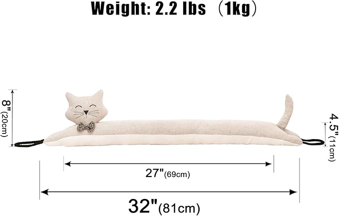 Marwood Under Door Draft Stopper Decorative Wind Stopper 32 inch for Door & Window, Weighted Animal Air Draft Stopper Snake Noise Blocker for Bottom of Door with Hanging Loops - Khaki Cat