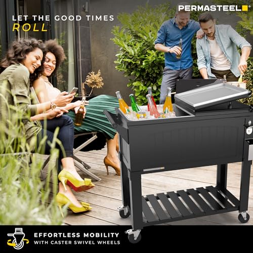 Permasteel Party Cooler with Divider, Spacious 80-Qt Capacity, Chills 36hrs, Serving Tray, Rolling Ice Chest for Indoor an...