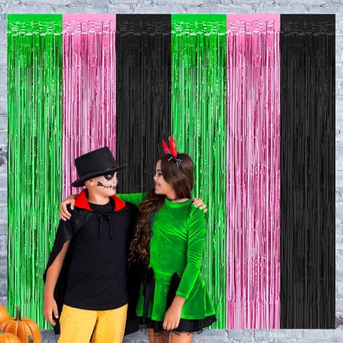 Pink Green Black Foil Fringe Curtains Backdrop Birthday Party Decorations, 4 Pack 3.28 x 6.56 Ft Witch Themed Tinsel Strea...