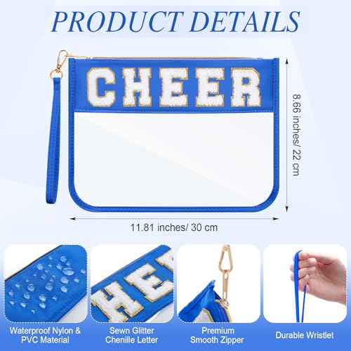 Kacctyen 20 Pcs Chenille Letter Cheer Bags Cheerleader Clear Makeup Bags Snacks Pouch Bulk Preppy Patch Cosmetic Pouch with Wrist Strap Zipper for Travel Team Cheerleaders (Blue)