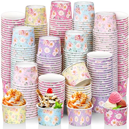 Nuenen 300 Pcs 8 oz Disposable Paper Cups Bowls Bulk Summer Ice Cream Sundae Bar Supplies for Sundae Snack Dessert Luau Ba...
