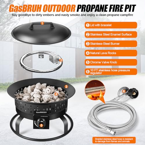 GasBRUH Outdoor Portable Propane Fire Pit, 19-Inch,60,000 BTU with Cover&Carry Kit,Camping Propane Fire Pits,Gas Firebowl,...