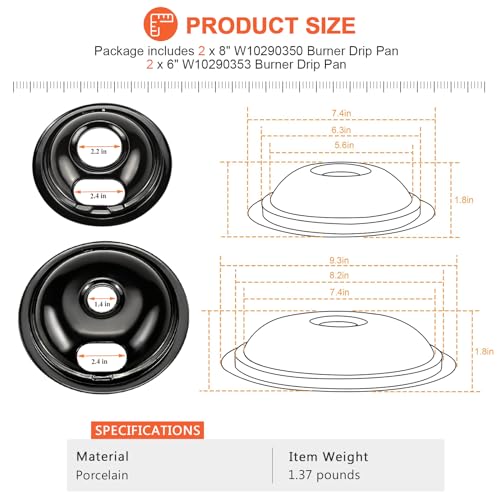 W10290350 W10290353 Buner Porcelain Drip Pan - W10288051 Replacement for Whirlpool Amana Crosley Electric Range Cooktop - ...