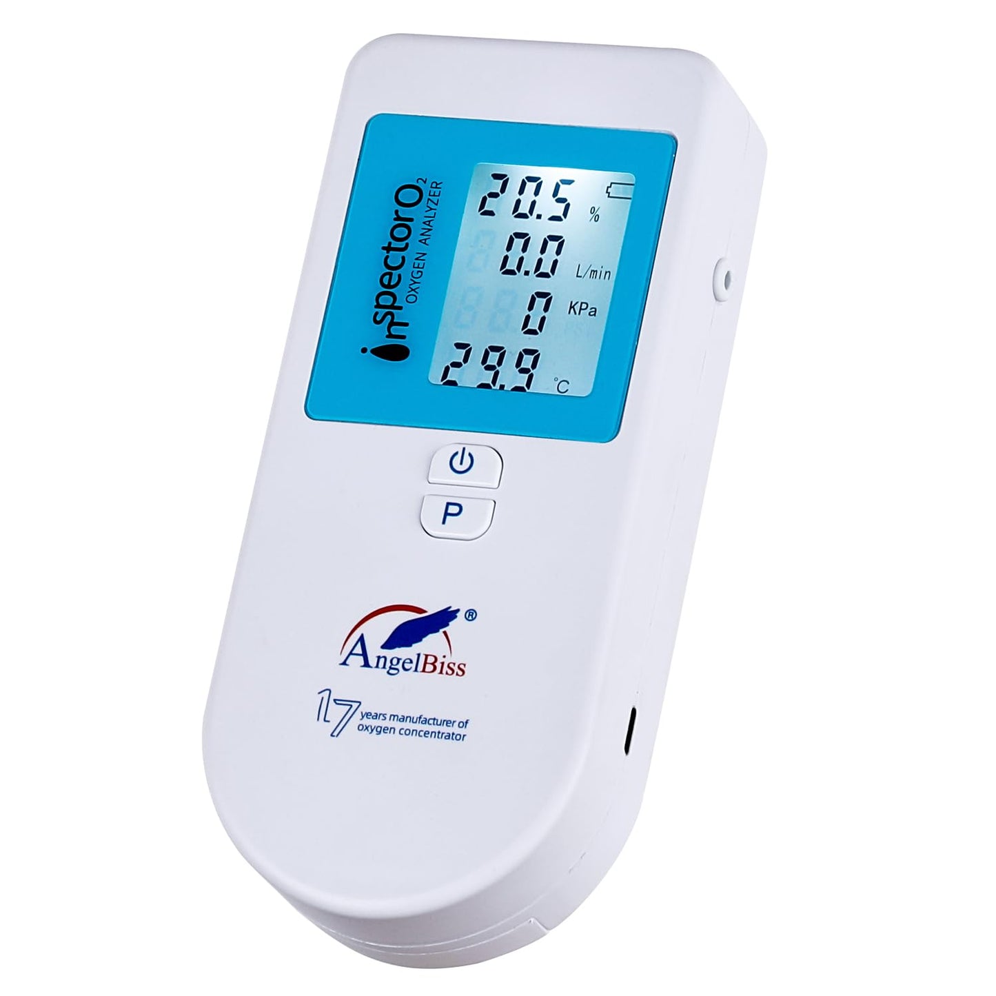 Oxygen Analyzer 4-in-1 Handheld Gas Purity & Flow Tester with LCD Display, Measures O₂ Concentration, Flow Rate (LPM), Pressure (PSI/kPa) & Temperature – Rechargeable Battery Powered