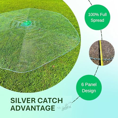 Silver Catch Cast Nets 4.5ft-10ft Radius|3/8",1/2",1" Mesh for Fishing with Chain Bottom, Salt Water Casting Fishing Net G...