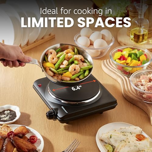Elite Gourmet ESB-301BF# Countertop Single Cast Iron Burner, 1000 Watts Electric Hot Plate, Temperature Controls, Power In...