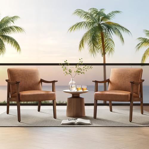 Yaheetech PU Leather Accent Chair, Mid-Century Modern Armchair with Solid Wood Legs, Reading Leisure Chair with High Back ...
