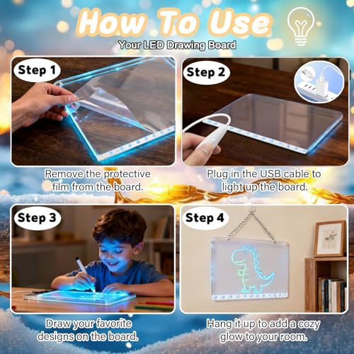 2026 LED Drawing Board for Kids Ages 6+, 2 Pack 13.7"x9.75" Plug-in Light Up Dry Erase Note Boards with Colors, 7 Color Mo...