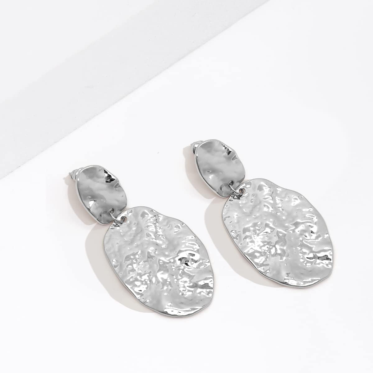 Silver Statement Earrings Hammered Big Drop Dangle Earrings for Women Silver Jewelry