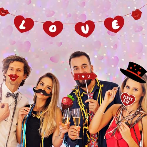 Leesgel 42 Pieces Valentine Photo Booth Props, Valentines Wedding Photo Booth Prop with Sticks and Banner, Red Heart Party...