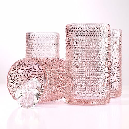 Glaver's Hobnail Drinking Glasses, Pink Vintage Glassware Set, Beaded Drinking Glasses, Set Of 4 15 oz Cocktail Glass Set,...