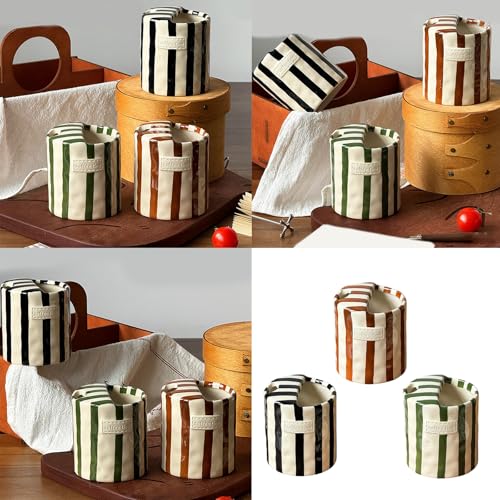Retro Coffee Mug, Ceramic Striped Coffee Mugs for Coffee Bar Accessories, 350ml Ceramic Coffee Mug with Sip Top Lid, Hand ...