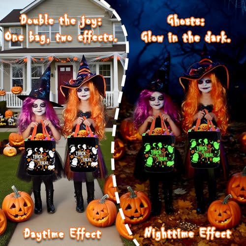 Aleture Trick or Treat Bags, Glow in The Dark Halloween Candy Canvas Tote Bag with Handle, Light Up Ghost Reusable Portable Collapsible Trick or Treat Bucket, Halloween Gifts for Kids Teens Women Men