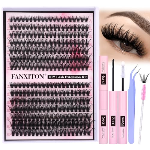 FANXITON DIY Individual Eyelash Extension Kit, Thick Volume Lash Clusters 40D+50D D Curvature, 280 Pieces Thin Band Cluste...