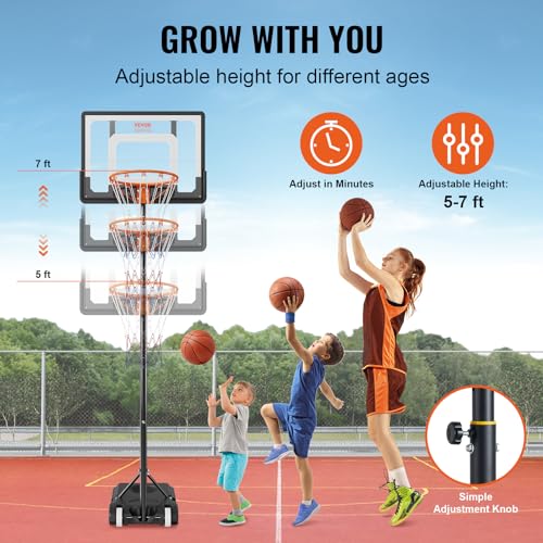 VEVOR Basketball Hoop/Rim, Adjustable Height Portable Backboard Court, Basketball Goal, Mobile Stand with Wheels Weighted Base, Youth&Adults, Outdoor/Indoor