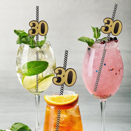 NIEITRK 24PCS Black Gold 30st Birthday Card Straws, Biodegradable Paper Straws with Number 30 for Bar Drinks, Milestone Ce...