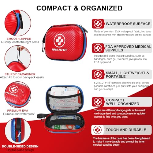 Small First Aid Kit - 185 Pieces Waterproof Emergency Kit for Home, Car, Office, Travel, Camping, Hiking & Outdoor - Porta...
