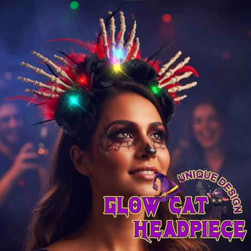 TWINKLEDE Light Up Halloween Headband Black Rose Hair Accessories Feather Skeleton Hand Halo Crown for Women