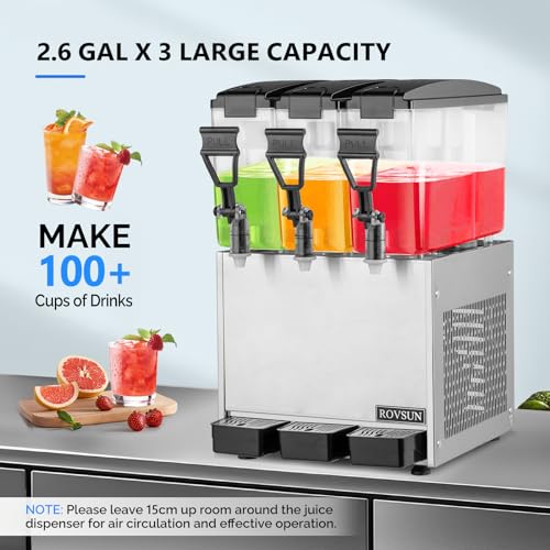 ROVSUN Commercial Beverage Dispenser 7.8 Gal/30L, Commercial Juice Dispenser Cold Drink Dispenser 10L X 3 Tanks Stainless ...