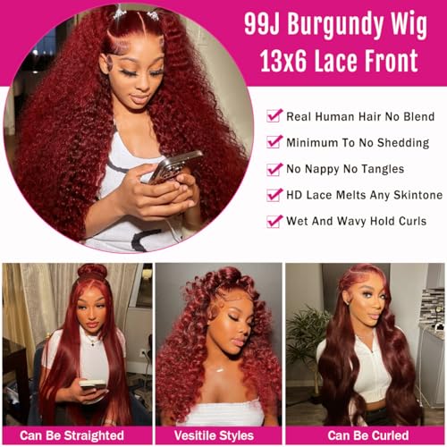Red 99j Burgundy Wig Human Hair Red Burgundy Wig 200 Density 13x6 Deep Wave Lace Front Wigs Curly Human Hair Wig For Black Women Pre Plucked Transparent HD Lace Frontal Wig 18 Inch