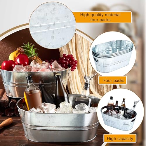 Tessco 4 Pcs 4 Gallon Galvanized Metal Tubs Large Ice Buckets for Parties Beverage Drink Tin Bins Champagne Cocktail Wine ...