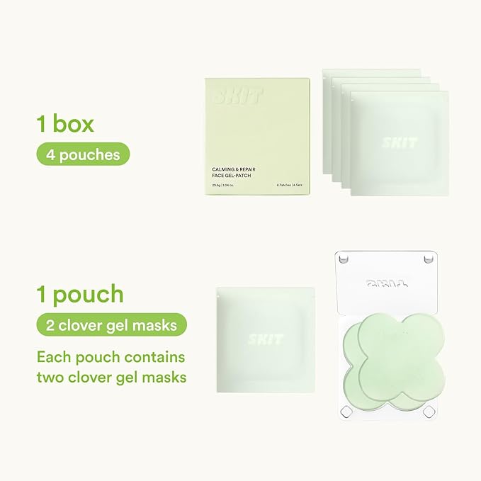 Skit Calming & Repairing Face Gel Patch, Azulene & Cica Clover Mask for Instant Redness Soothing & Pore-Area Comfort, Skin Barrier Support, K-Beauty, 4 Sets (8 Patches)