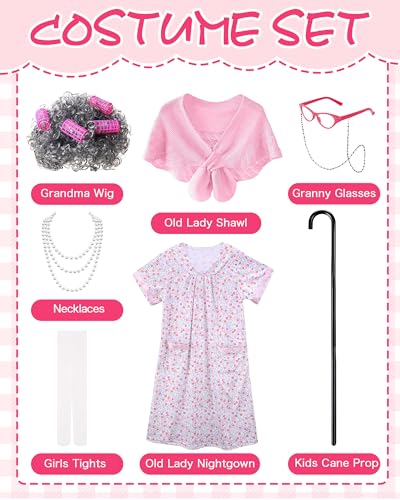 Vivrerizo Old Lady Costume for Kids - Grandma Costume for Girls 100 Days of School Funny Granny Dress Up Party Cosplay