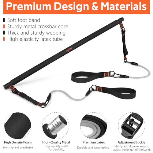Pilates Bar Kit with Resistance Bands, 3-Section Multifunctional Yoga Pilates Bar with Metal Adjustment Buckle.Portable Pi...