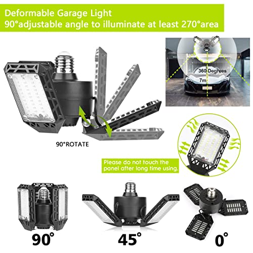 4 Pack Led Garage Lights, 60W Deformable Garage Ceiling Light 8000 lm E26 Basement Lights with 3 Adjustable Led Panels, Fi...