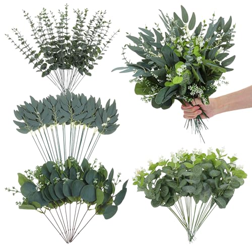 100 Pcs Mixed Eucalyptus Stems Bulk, 4 Style Artificial Silver Dollar Eucalyptus Leaves for Wedding Centerpieces, Faux Gre...